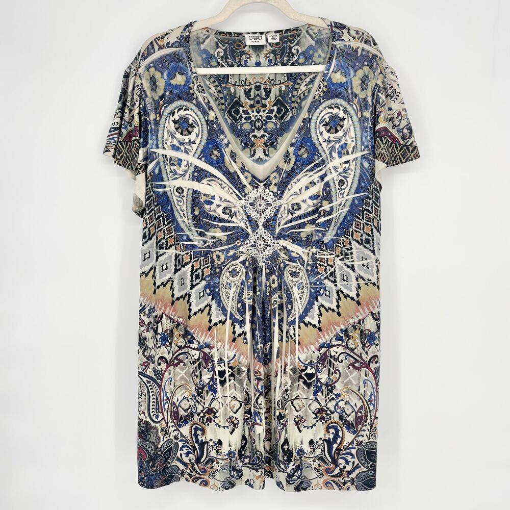 Cato Purple Cream Tan Boho Paisley Tunic Top Size 26/28W